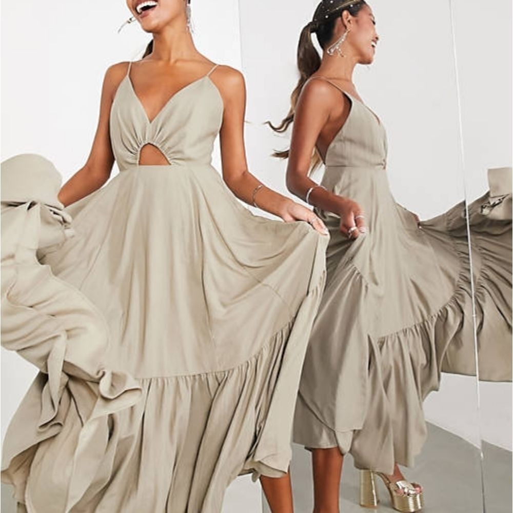 ASOS Edition Full Cami Tiered Hem Cutout Detail Dress in Sand Size‎ 2 NWT